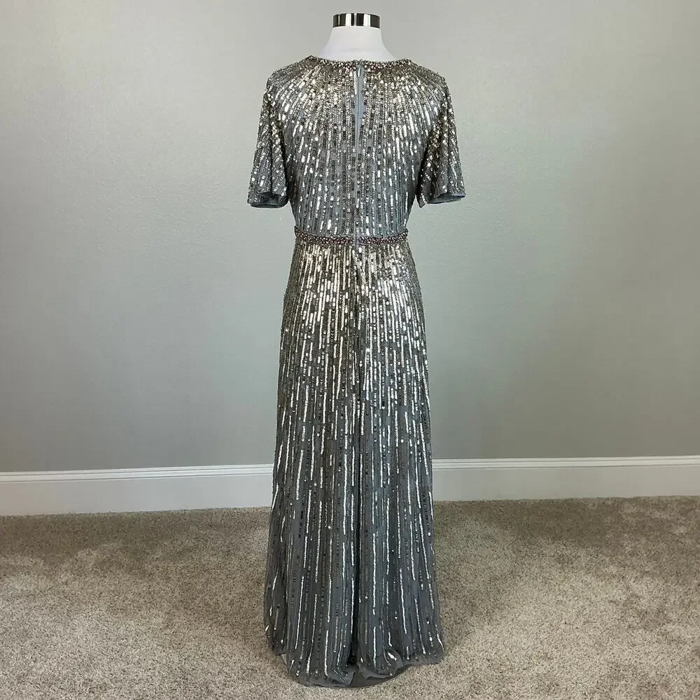 Mac Duggal 5538 Sequined Short Sleeve A-Line Evening Gown Silver Size 6 Dress - Picture 7 of 12